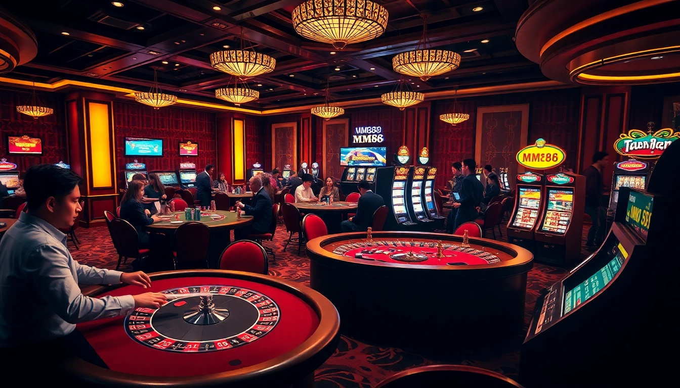 Play exciting games at MM88.bar's lavish casino with poker tables and spinning roulette wheels.