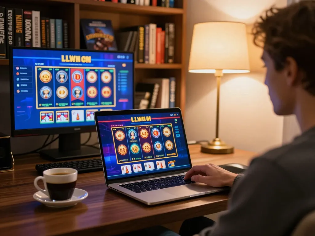 Engaging gameplay at LLWIN COM with a player enjoying online slots in a cozy setting.