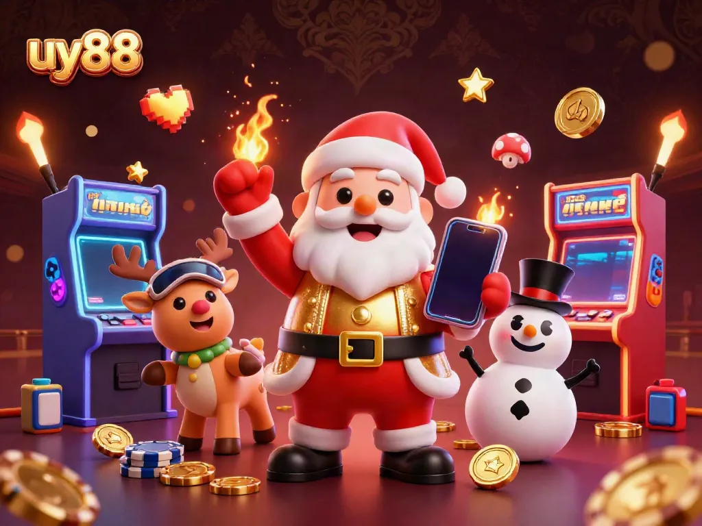 Experience the thrill of uy88 with a festive illustration of Santa, reindeer, and snowman in a vibrant casino.