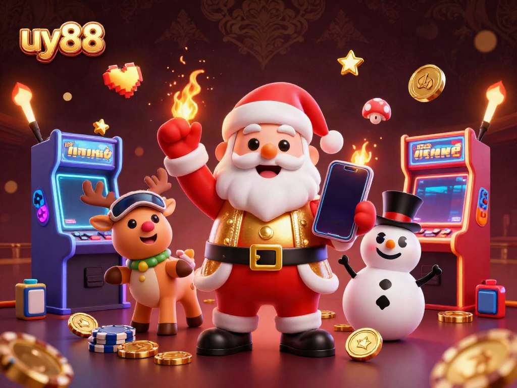 Experience the thrill of uy88 with a festive illustration of Santa, reindeer, and snowman in a vibrant casino.