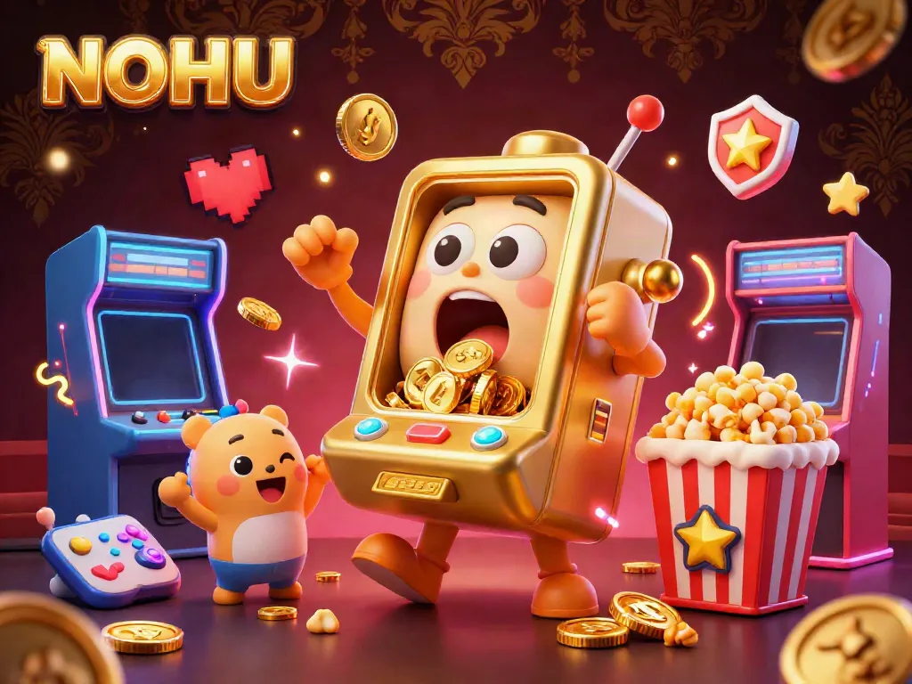 NOHU slots celebration with a cartoon slot machine hitting a jackpot surrounded by cheering baby machines.