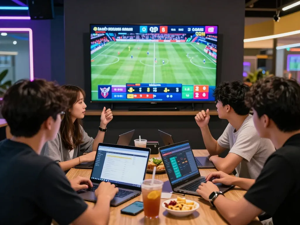 Exciting group of friends enjoying vào bóng 1gom betting while watching live soccer matches.