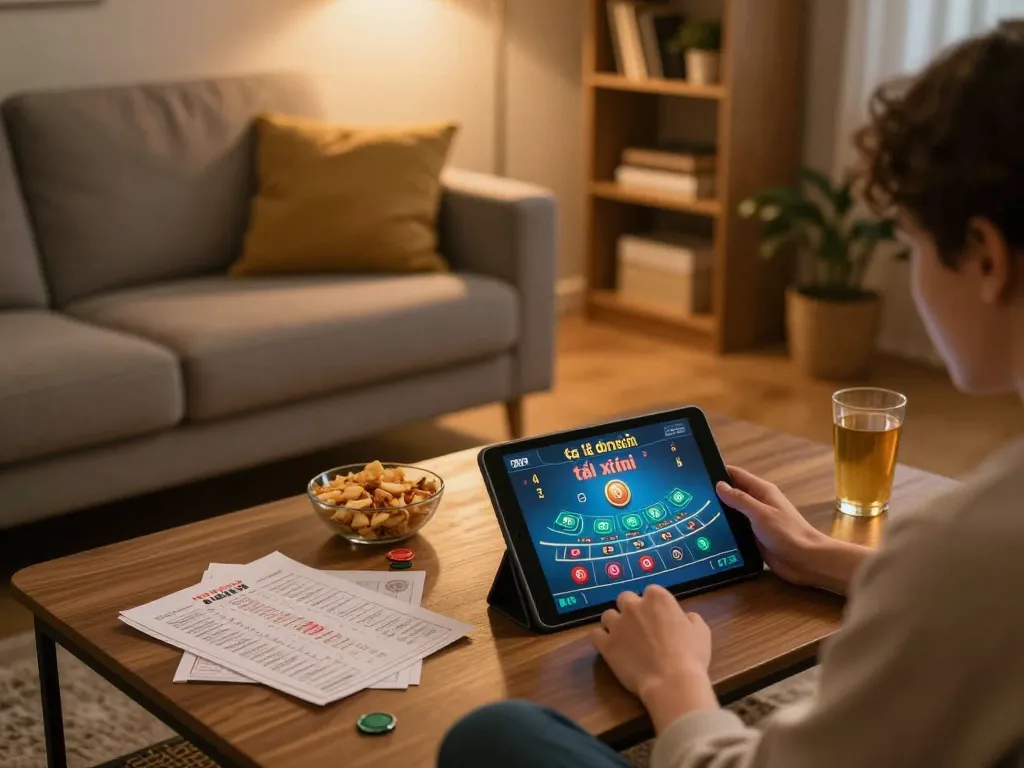 Engaging gameplay of tài xỉu online on a tablet in a cozy home setting with snacks and strategy notes.