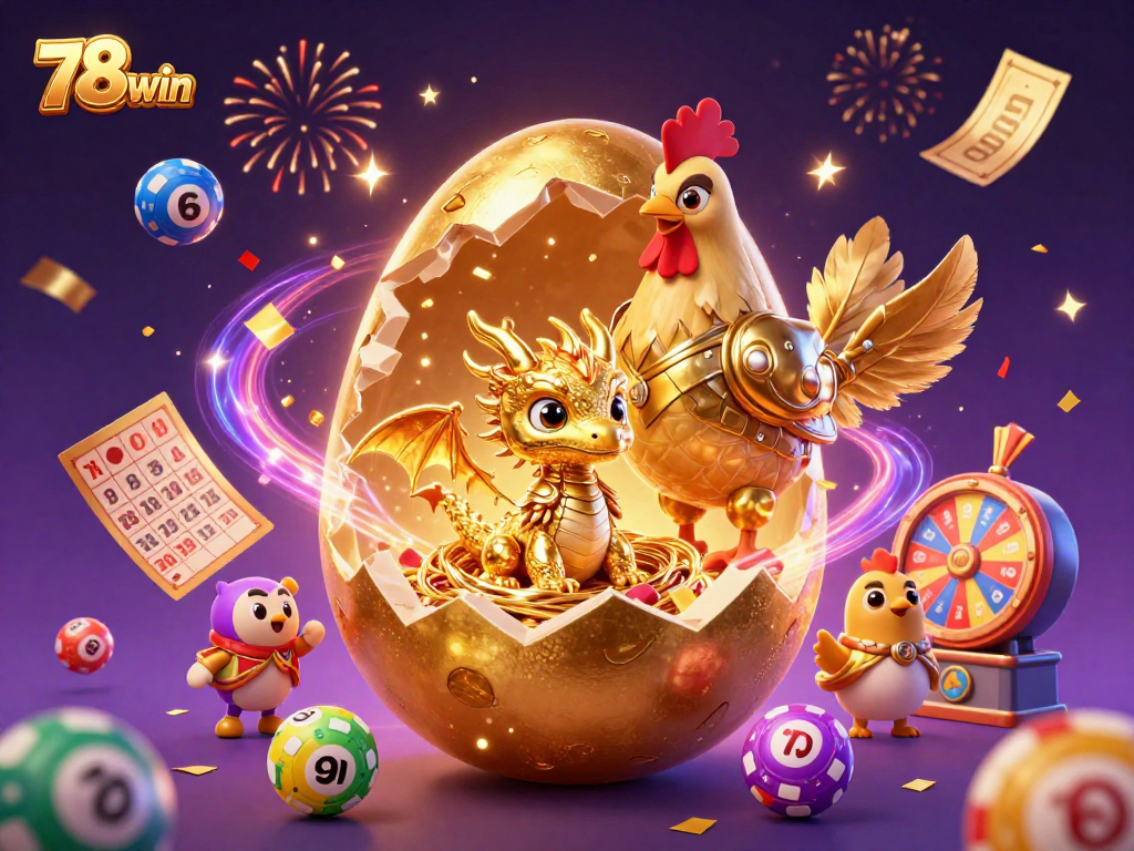 Experience thrilling wins with 78win's captivating casino illustration revealing a golden baby dragon surrounded by dynamic lottery elements.
