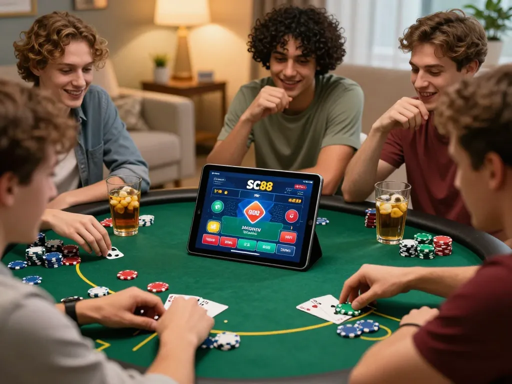 Friends engaging in online gambling at https://sc88e.com/ in a cozy living room, showcasing excitement and camaraderie.