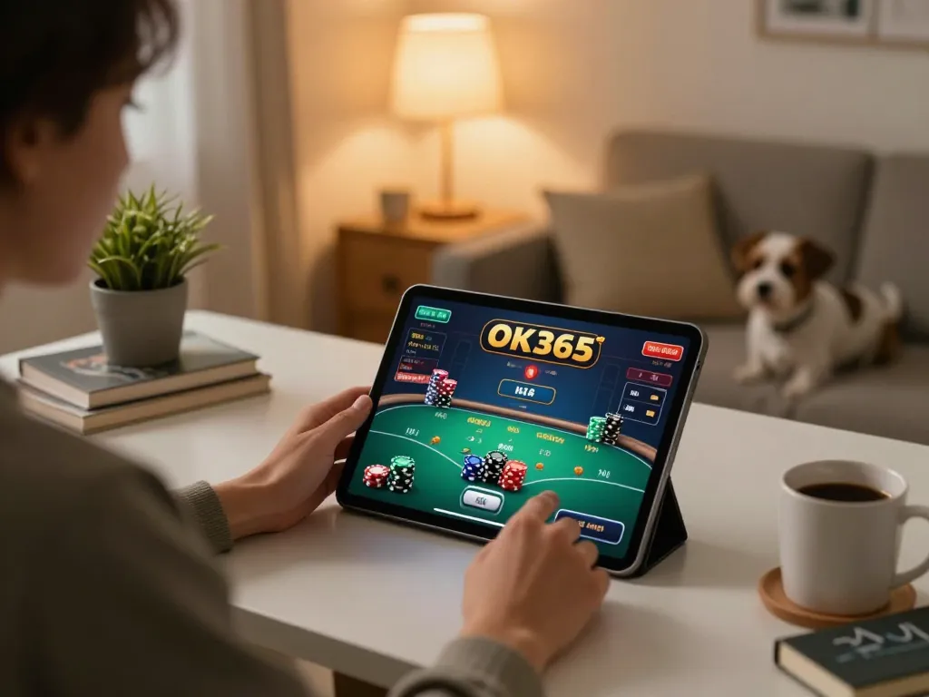 Engaged player enjoying online gaming at OK365 on a tablet in cozy home setup