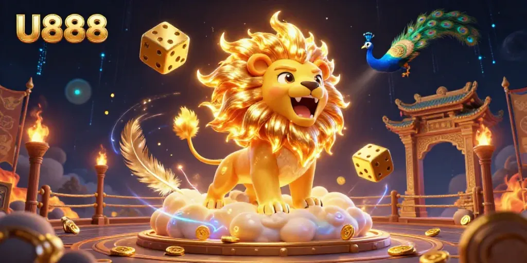 Experience U888's vibrant gaming universe with a roaring lion, cosmic dice, and dazzling visuals.