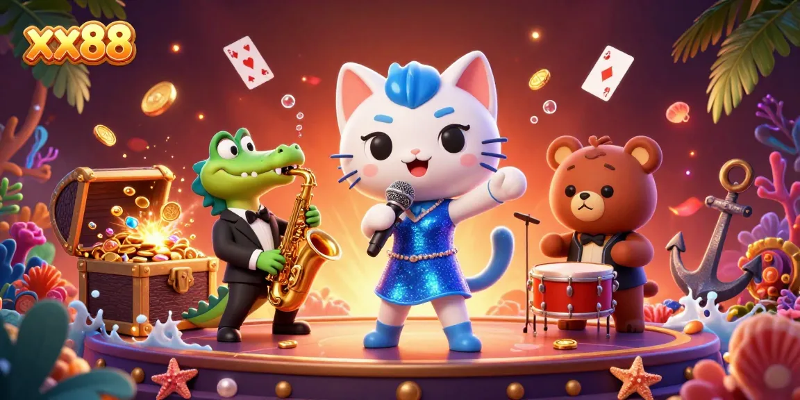 Experience excitement with xx88 as a jazz-singer cat and friends entertain in a lively casino scene.
