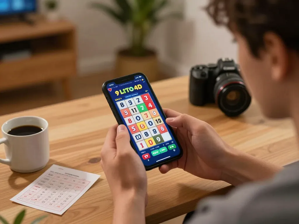 Player checking live 9 Lotto 4D results on smartphone in cozy, comfortable home setting.
