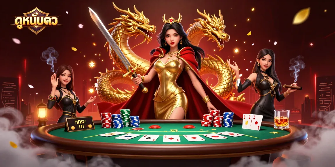 Play ดูหนังออนไลน์ at an exciting poker table featuring a warrior queen and golden dragon.