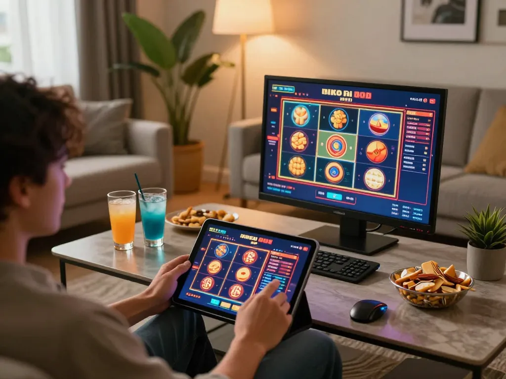 Player enjoying dynamic slot games on jun88 through a tablet in a cozy home setting