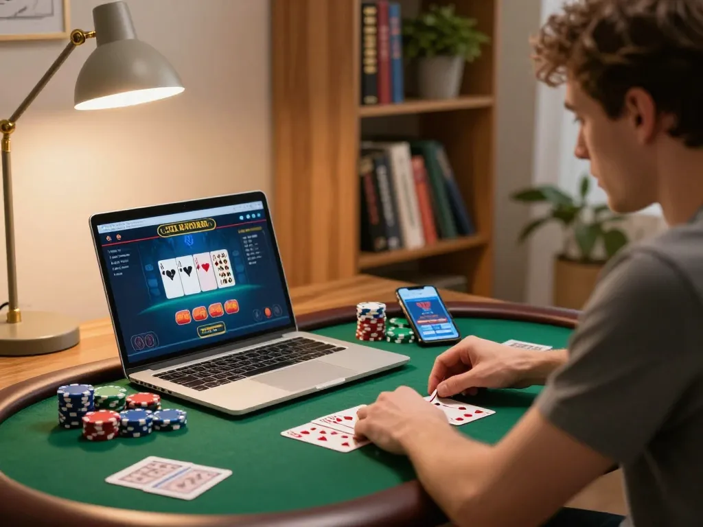 Player focusing on online poker gameplay at home, enjoying the experience with 789WIM.