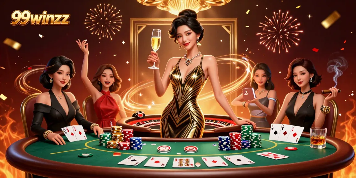 Experience thrilling gameplay with 99winzz at a dazzling casino scene featuring poker chips and roulette.