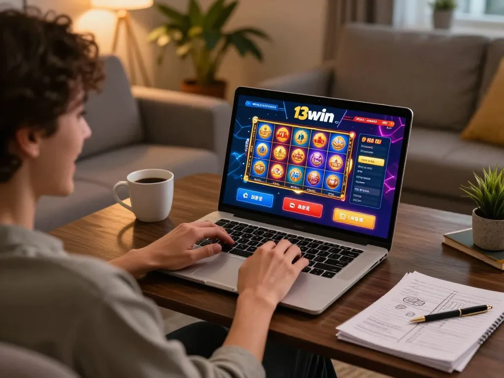 Engaging gaming moment on 13win co, player enjoys vibrant online casino on laptop.
