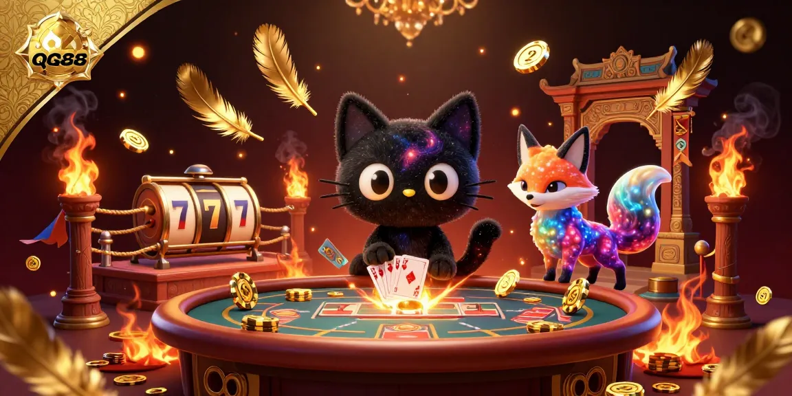 QQ88 ignites excitement at a cosmic casino with a black hole cat and colorful nebula fox.