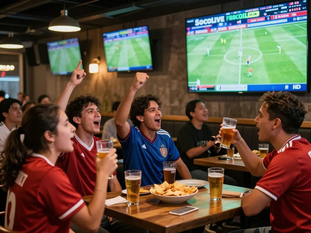 Socolive engages sports fans in a lively bar atmosphere while they cheer for football matches.