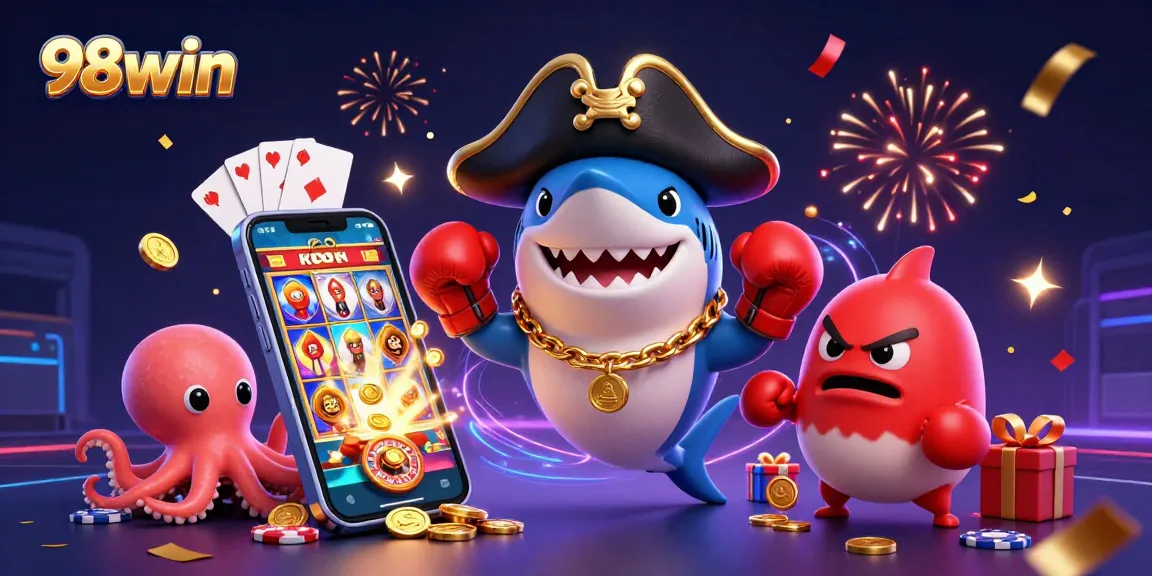Play fun games and win at 98win with an exciting pirate-themed casino illustration.
