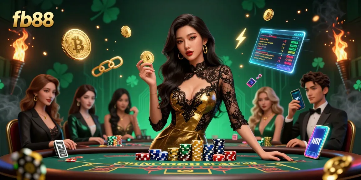 Experience the excitement of fb88 at a VIP baccarat table with glowing crypto elements.