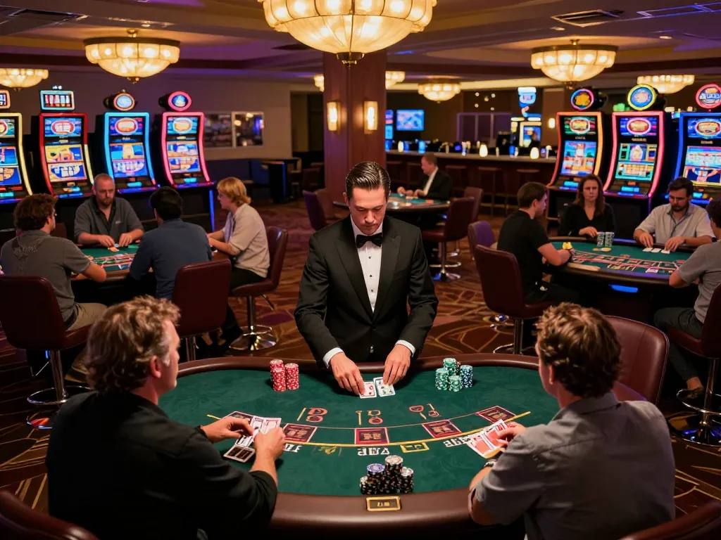 Players engaging in blackjack gameplay at a lively casino, featuring nhacaiuytinn chip stacks and professional dealers managing the tables