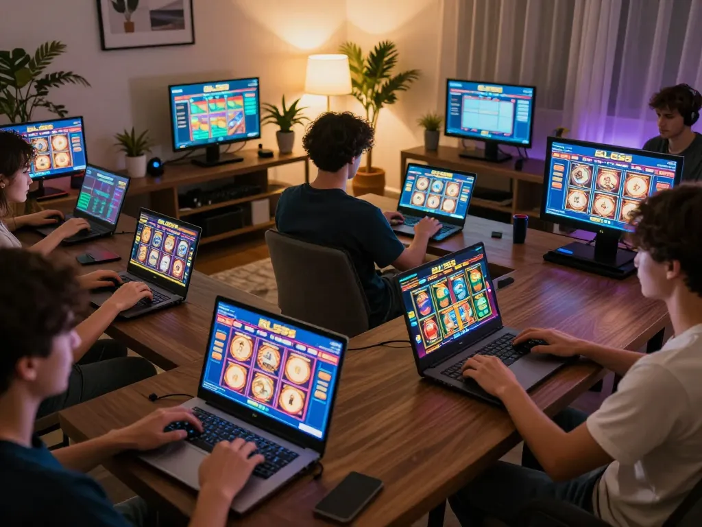 Players strategizing on slot games at BL555 online casino in a cozy living room setting.