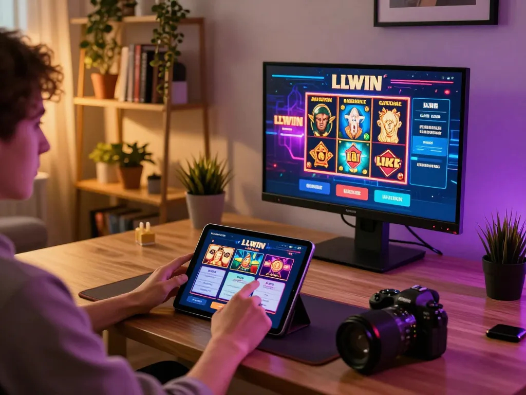 Player enjoying LLWIN's online casino app on a tablet in a stylish gaming setup.