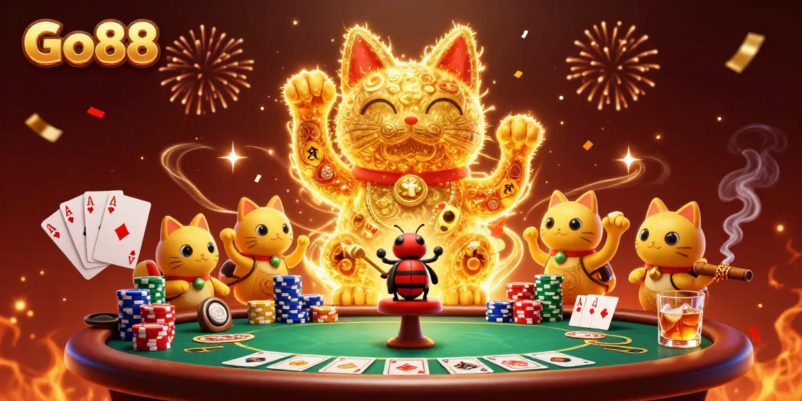 Play exciting games at Go88 with a vibrant scene showcasing a lucky cat and poker elements.