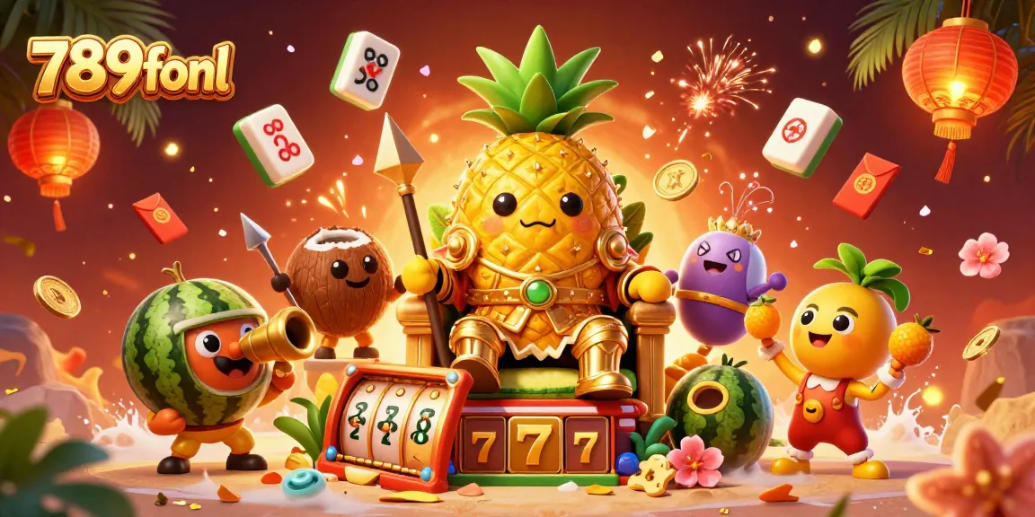 Engage with vibrant 3D casino elements at 789fonl featuring slots, a golden pineapple king, and colorful visuals.
