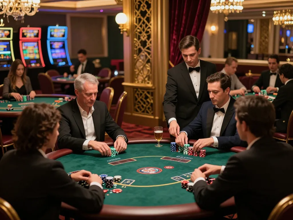 N88 players strategizing in a luxury VIP casino poker game, showcasing an upscale gaming environment.