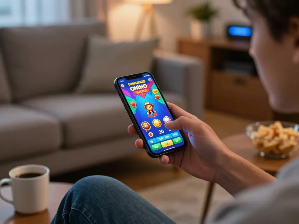 Player enjoying OPEN88 gaming app on smartphone in a cozy living room environment.