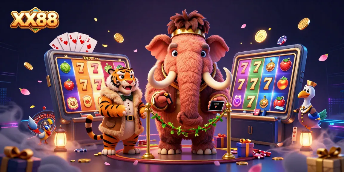 Experience the excitement of XX88 with a vibrant illustration featuring a woolly mammoth bouncer amidst dynamic casino games.