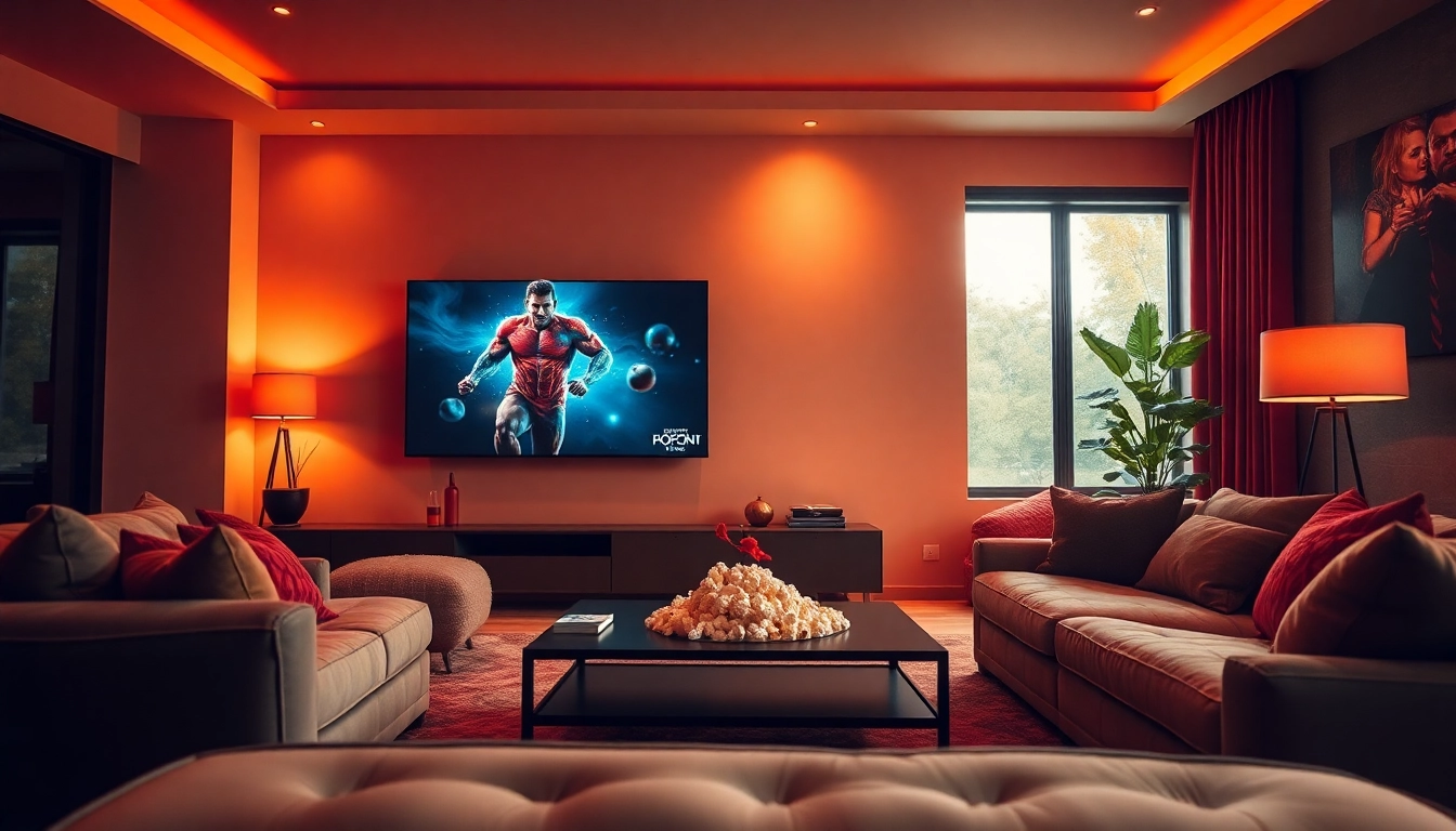 Engaging living room scene promoting https://nangcuc.in/ with modern film streaming setup.
