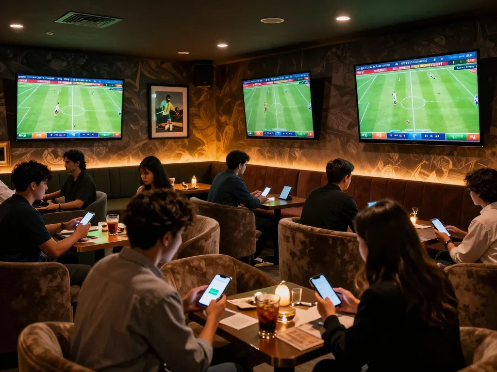 Kèo nhà cái displayed on screens in a lively sports betting lounge with patrons placing bets