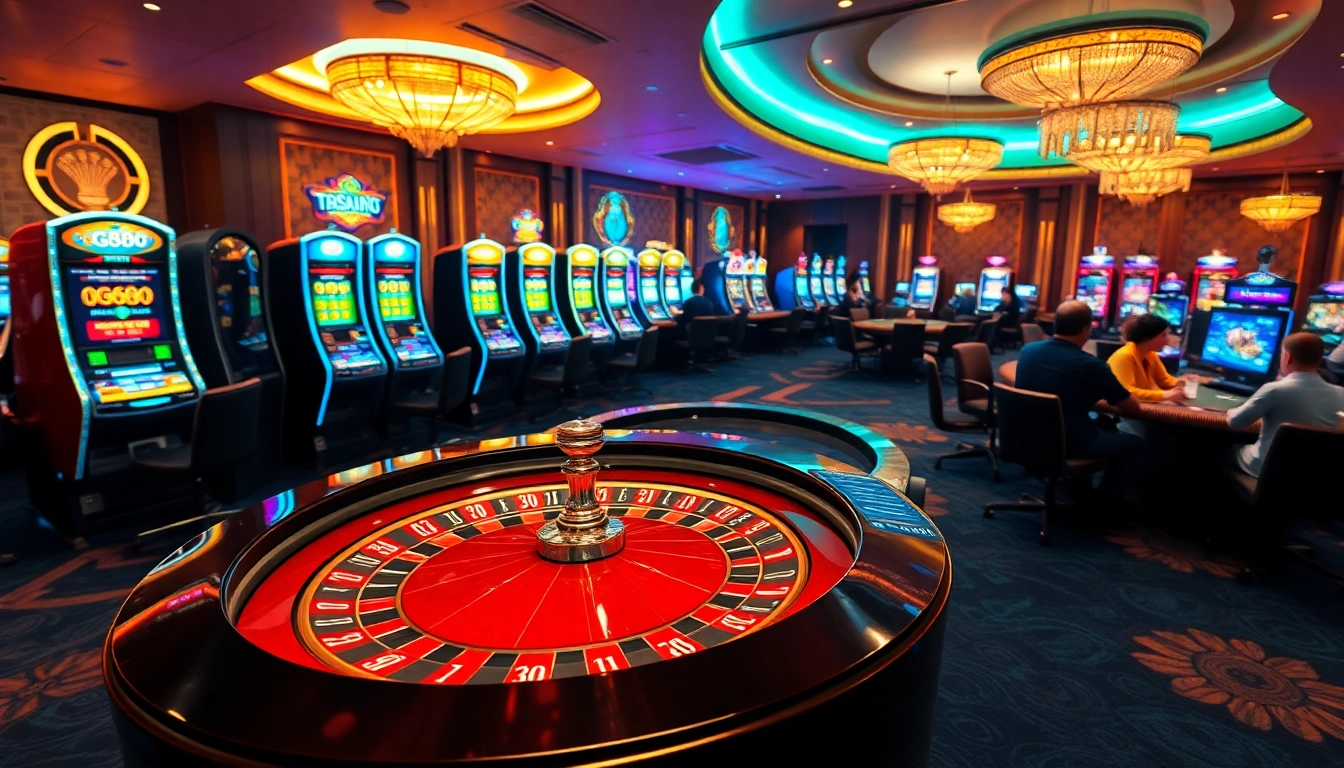 The exciting atmosphere of GG88's online gambling experience showcased with lively casino tables and vibrant slot machines.