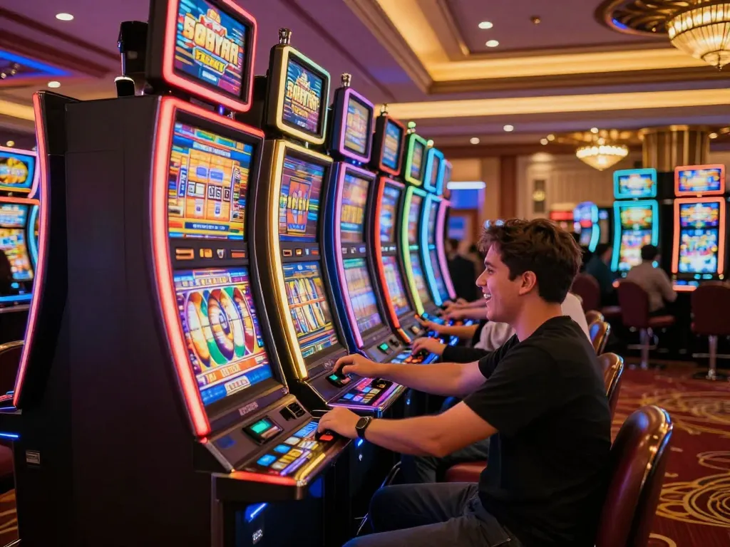 Engaging players at vibrant slot gacor machines with spinning reels and neon lights.