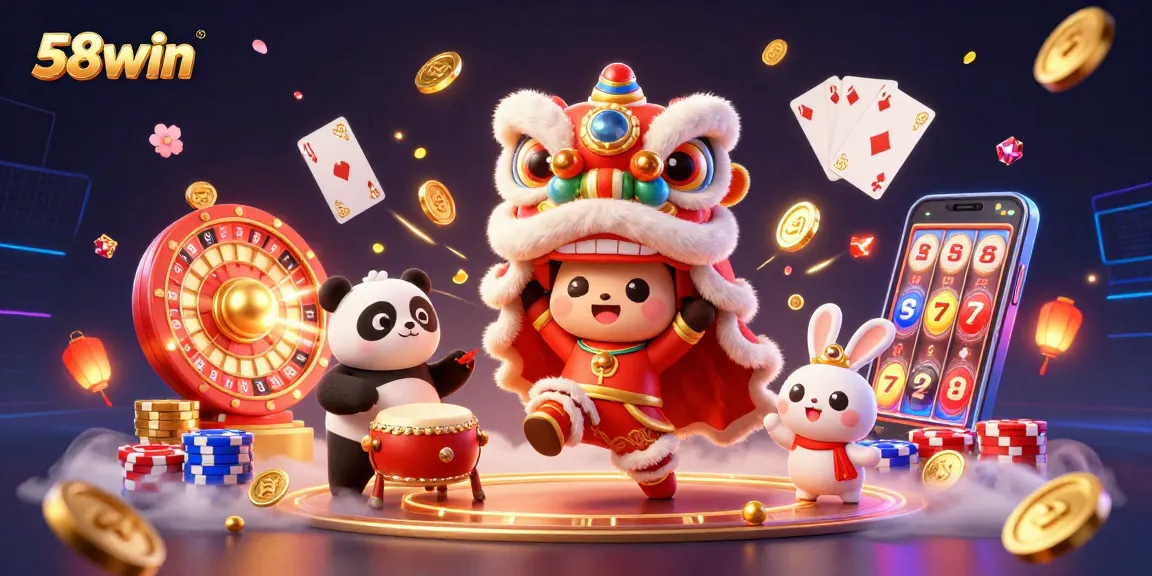 Experience the excitement of 58win with a vibrant casino scene featuring lucky symbols and energetic characters.
