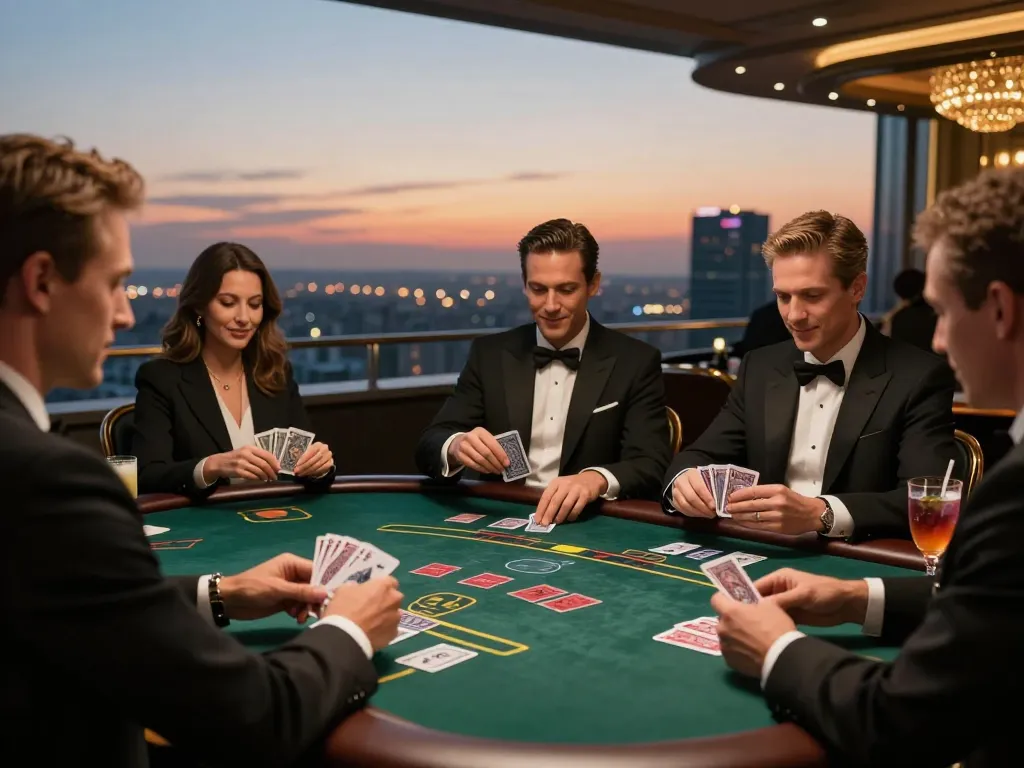 Players enjoying a high-stakes blackjack game at Hitclub casino, evening glamour setting.