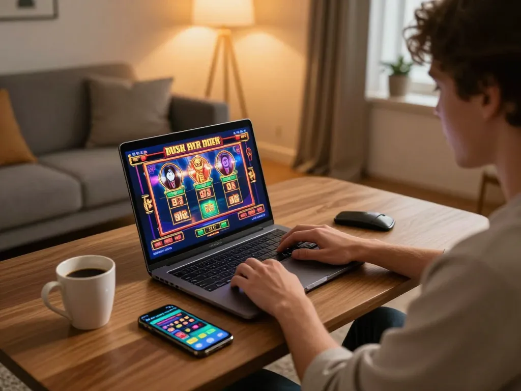 Player enjoying online slots at home using XX88 platform with laptop and smartphone for immersive casino experience