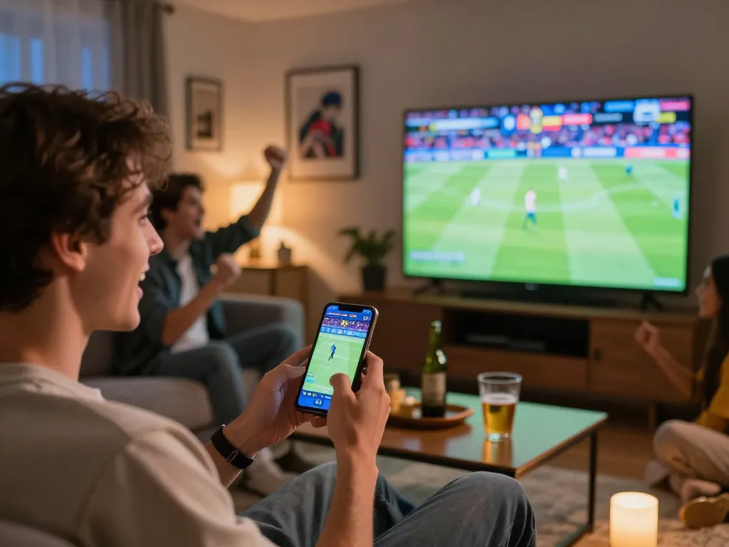 Excited person betting on sports via smartphone during a live match at https://kjc365.com/ in a lively atmosphere.