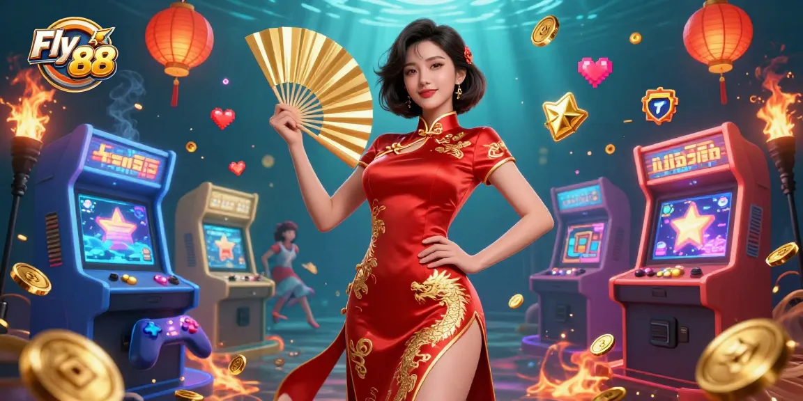 Win big with Fly 88 in a vibrant casino scene filled with arcade games, gold coins, and festive lights.