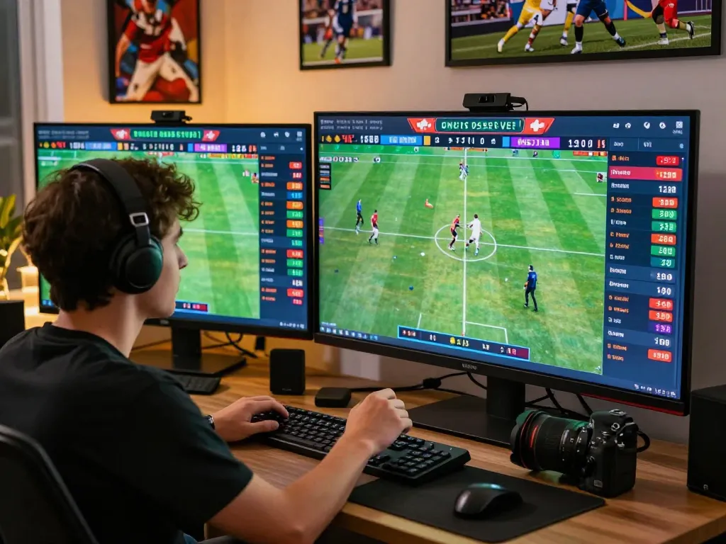 Engaging in live sports betting at home with Vmax ok while analyzing odds on multiple screens.