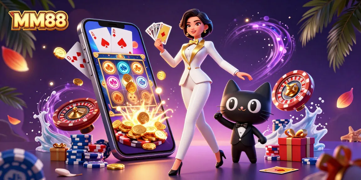 Engage with MM88's vibrant casino world featuring a dealer and playful cat among games and slots.