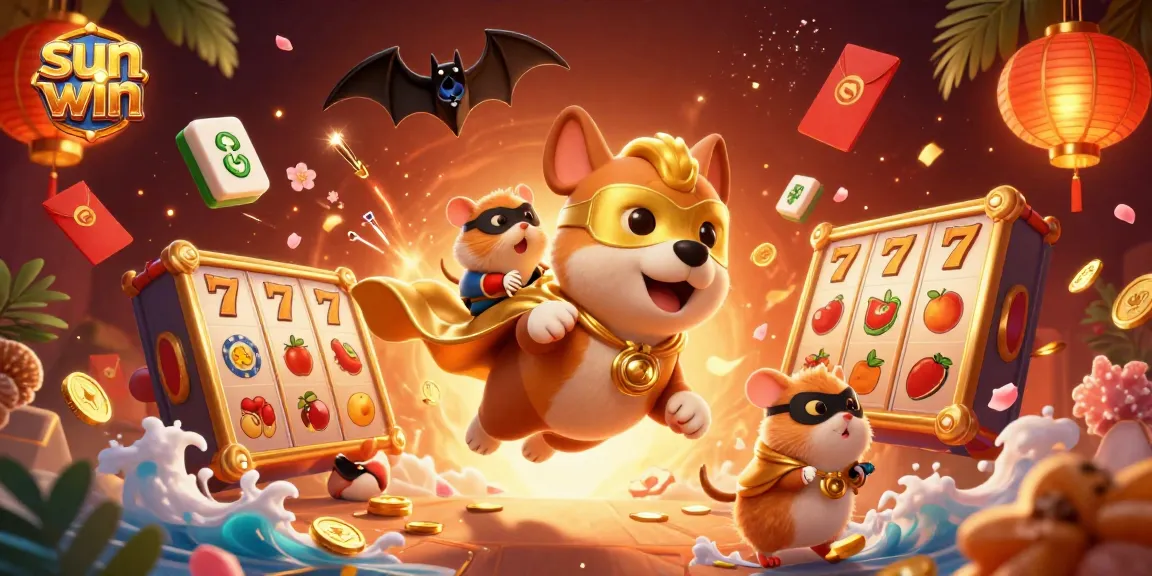Win big with sun win as a superhero dog flies through a vibrant casino scene.