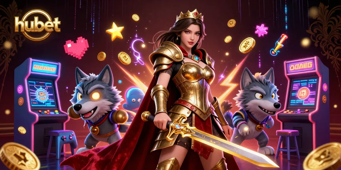 Experience thrill at hubet with a warrior queen, glowing wolf, and vibrant casino elements.