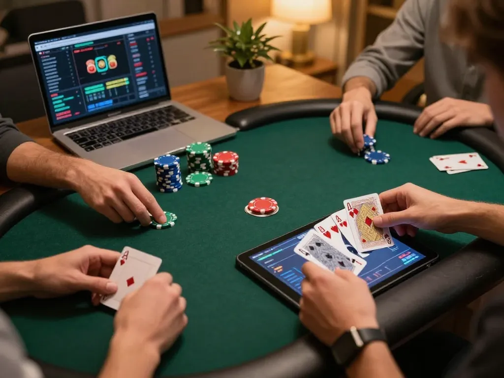 Engaged players enjoying game bài go88 on tablet during an online poker night.