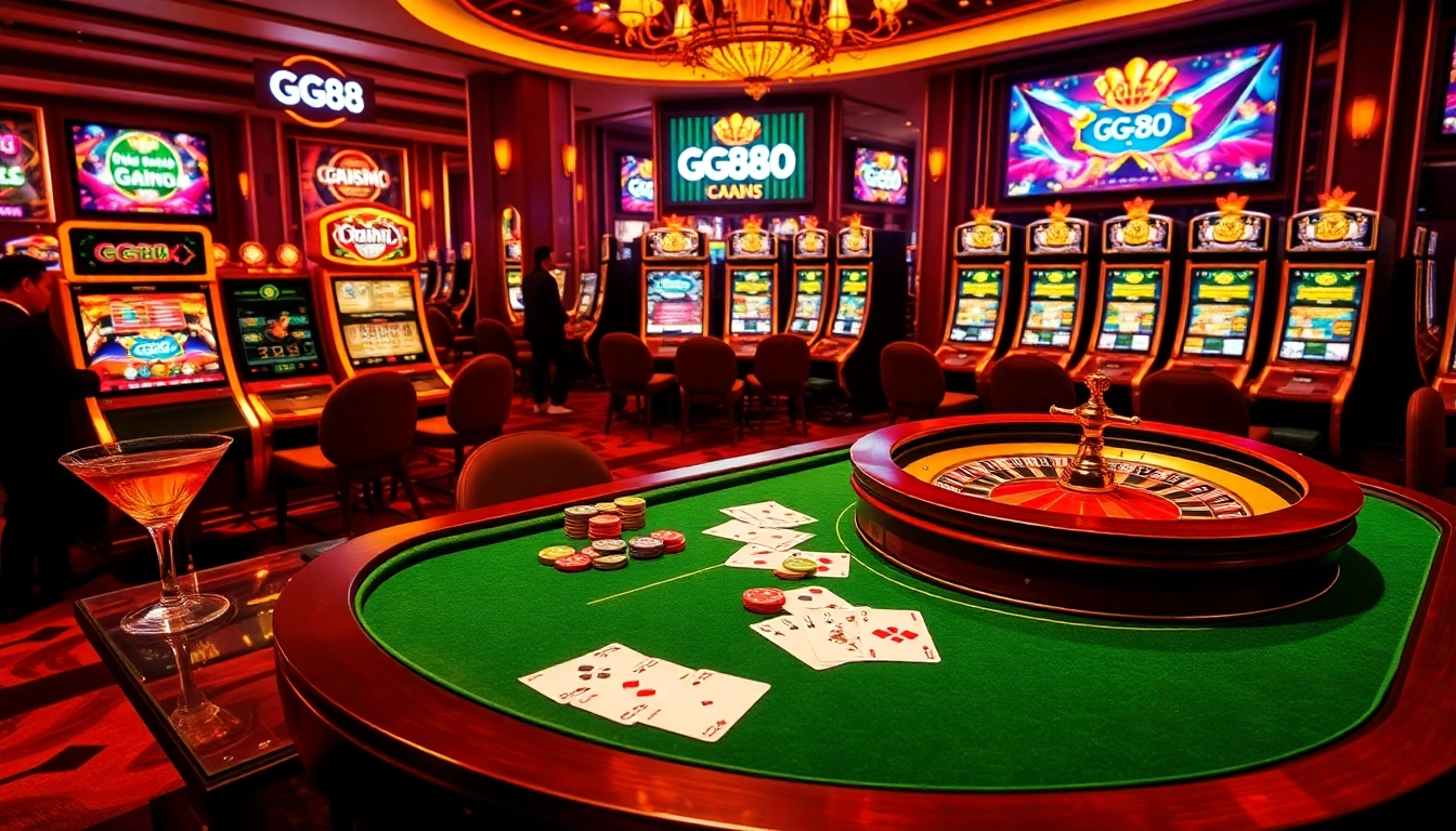 Excited gamblers engaging with GG88's immersive online casino experience, showcasing poker chips and roulette tables.
