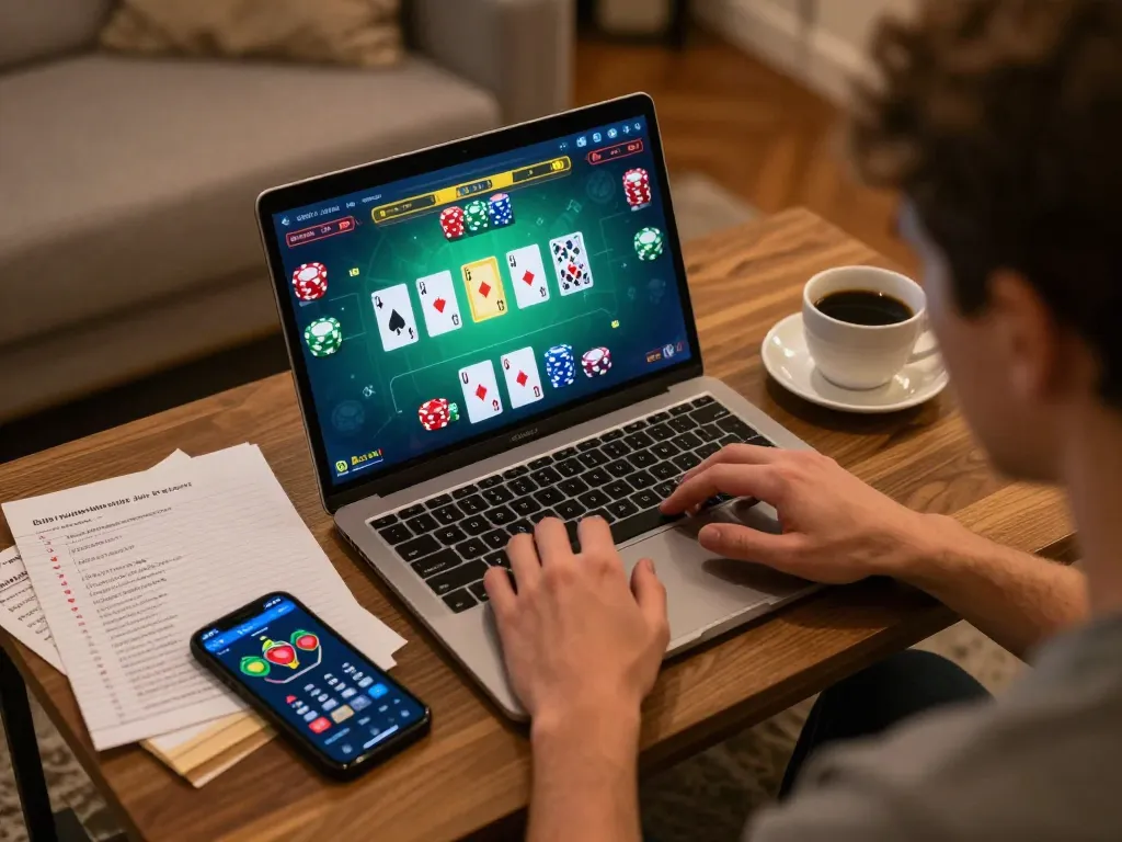 Person strategizing on 789betgo while engaging in a vibrant poker game on a laptop.