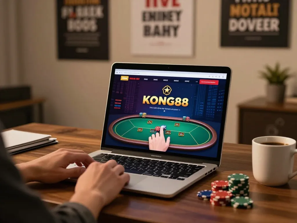 KONG88 online poker game setup with stylish laptop, chips, and warm lighting.