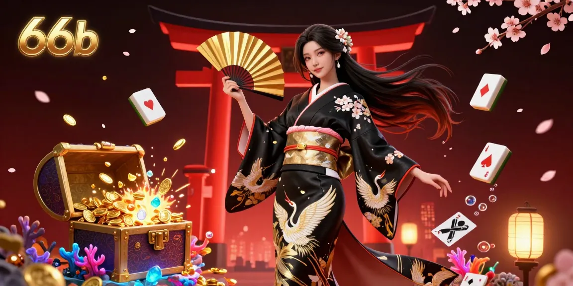 Experience the thrill of 66b with a vibrant casino illustration featuring an elegant woman and dynamic game elements.