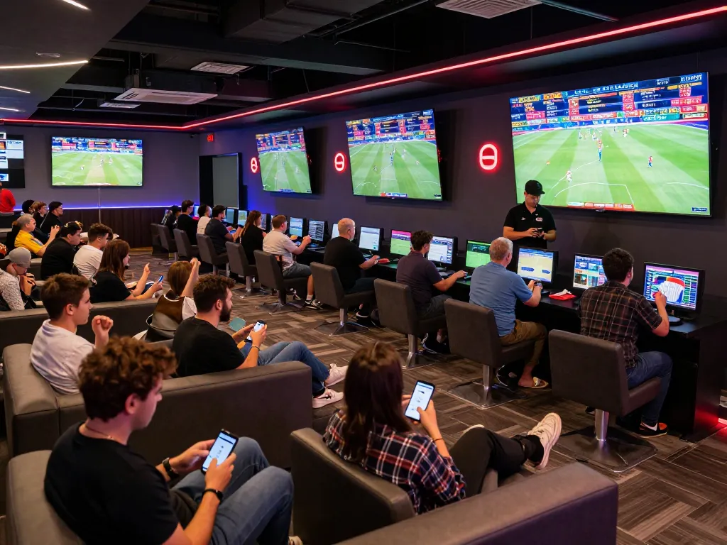 Exciting live sports betting scene with bettors using devices to place keo nha cai wagers in dynamic atmosphere