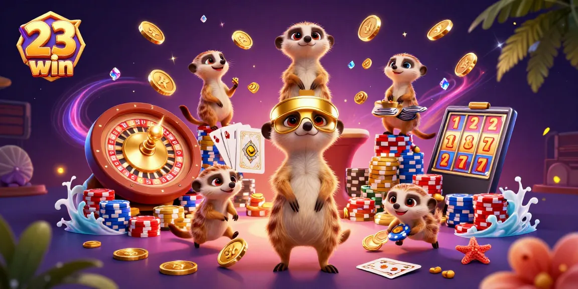 Experience a thrilling gaming scene at 23win, featuring animated meerkats operating a lively casino.